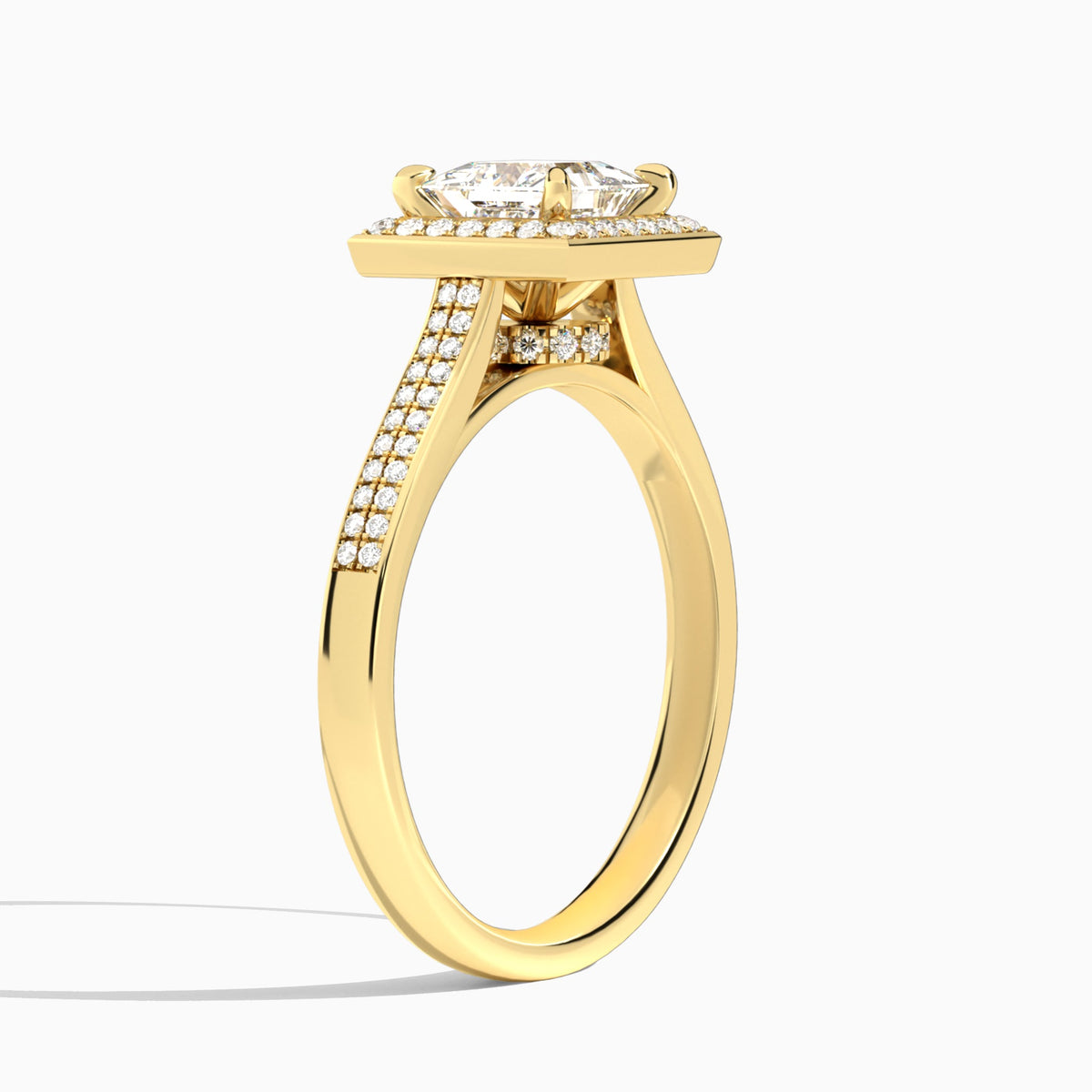 Princess Double Halo Lab Grown Diamond Engagement Ring In 14K Yellow Gold, Angle View