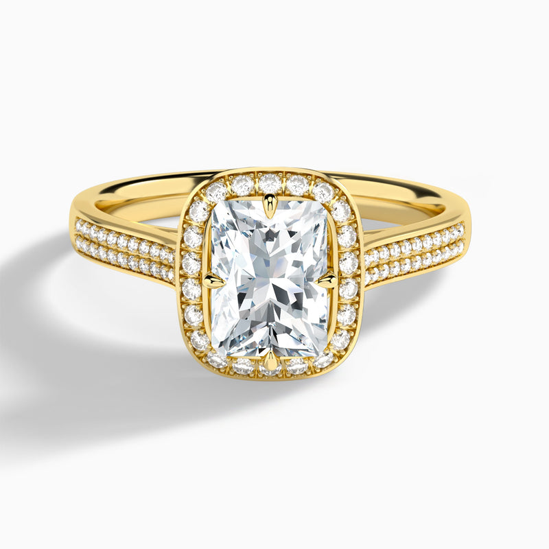 Radiant Double Halo Lab Grown Diamond Engagement Ring In 18K Yellow Gold - Lucenjuri