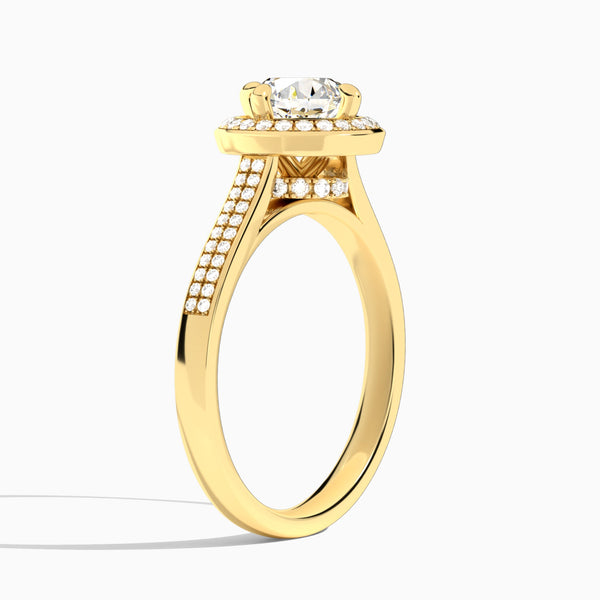 Round Double Halo Lab Grown Diamond Engagement Ring In 14K Yellow Gold, Angle View