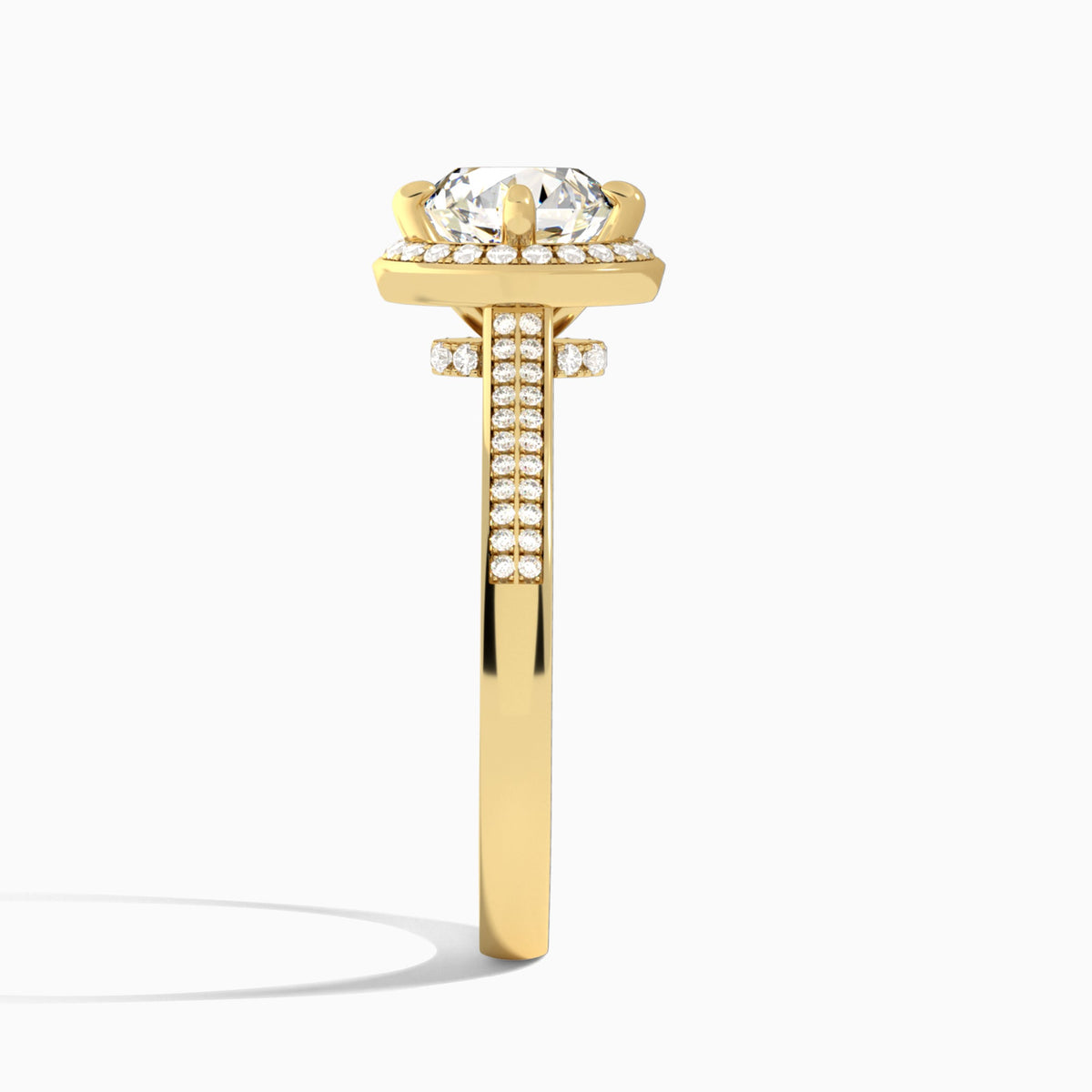 Round Double Halo Lab Grown Diamond Engagement Ring In 14K Yellow Gold, Side View