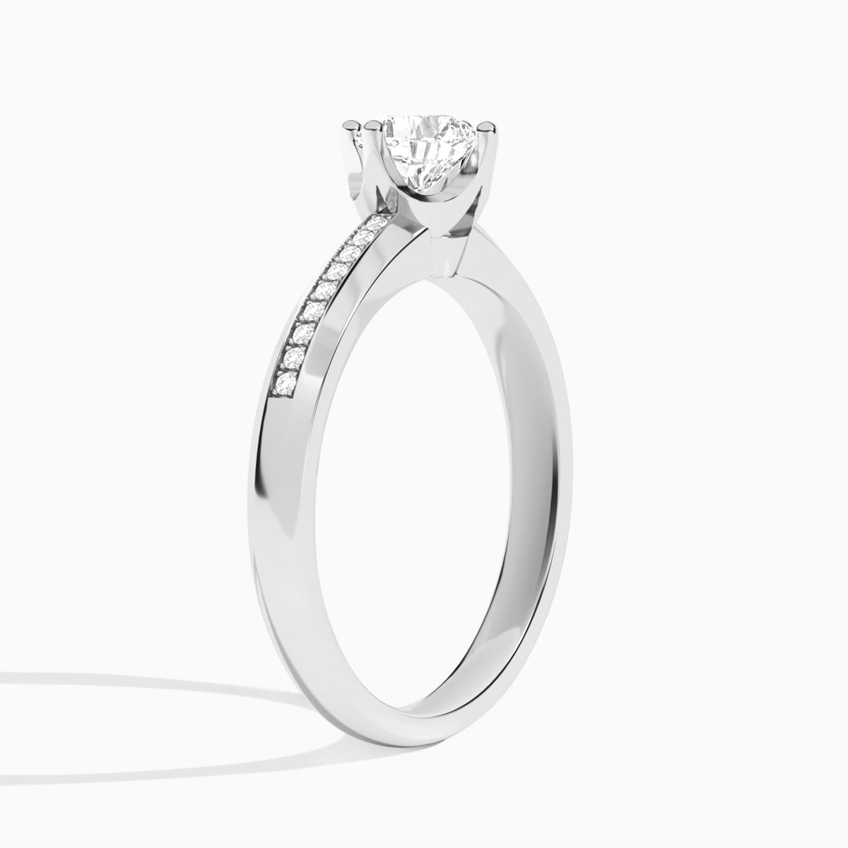 Cushion Adorned Four-Prong Lab Diamond Engagement Ring In 18K White Gold, Angle View