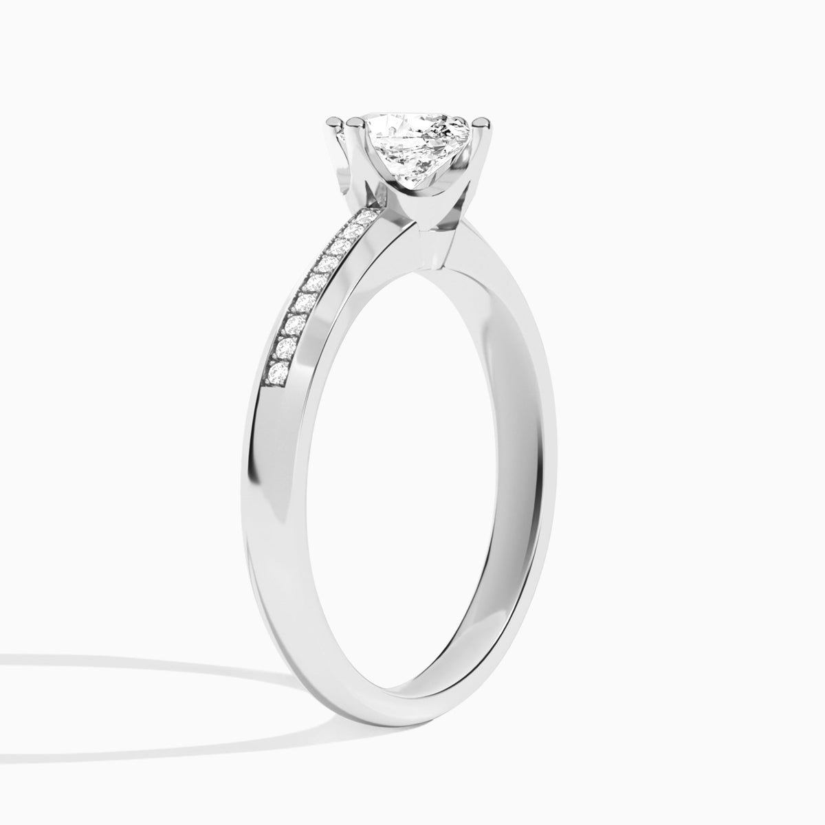 Oval Adorned Four-Prong Lab Diamond Engagement Ring In 14K White Gold, Angle View
