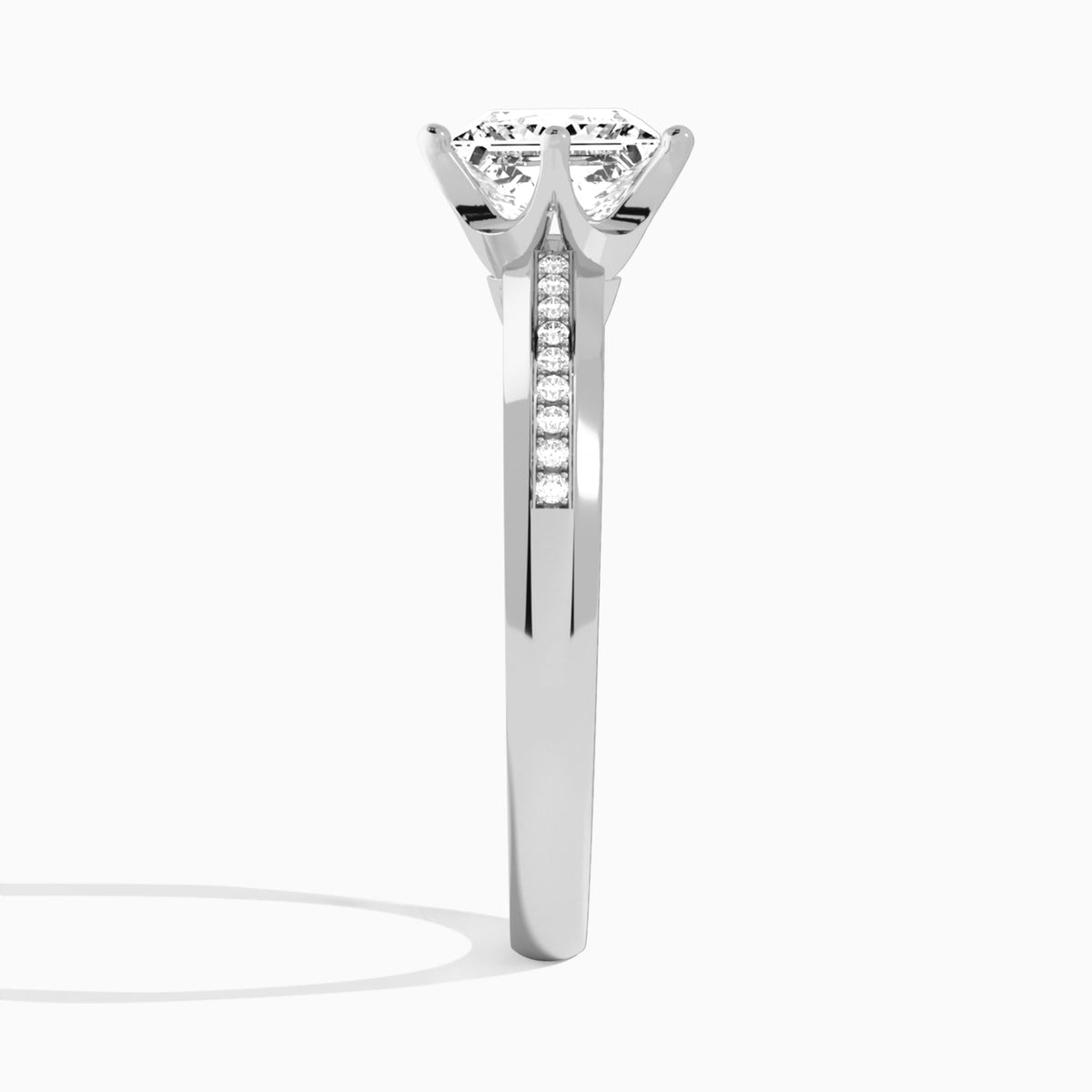 Princess Adorned Four-Prong Lab Diamond Engagement Ring In 14K White Gold, Side View