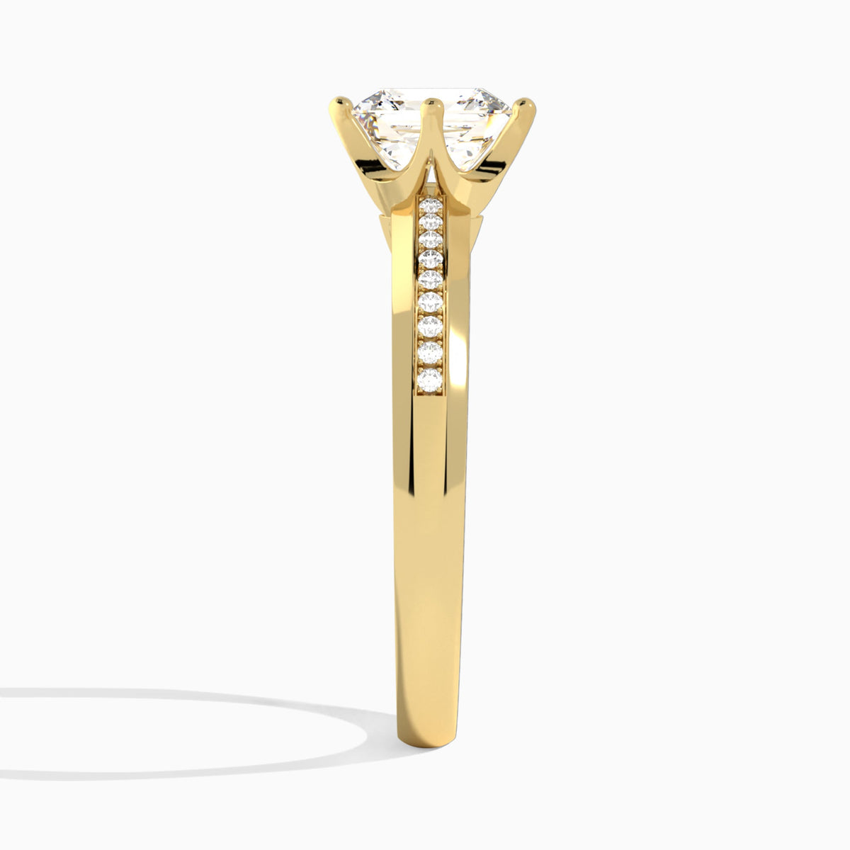 Asscher Adorned Four-Prong Lab Diamond Engagement Ring In 18K Yellow Gold, Side View