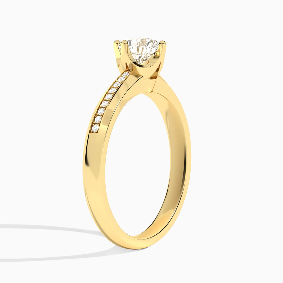 Cushion Adorned Four-Prong Lab Diamond Engagement Ring In 18K Yellow Gold, Angle View