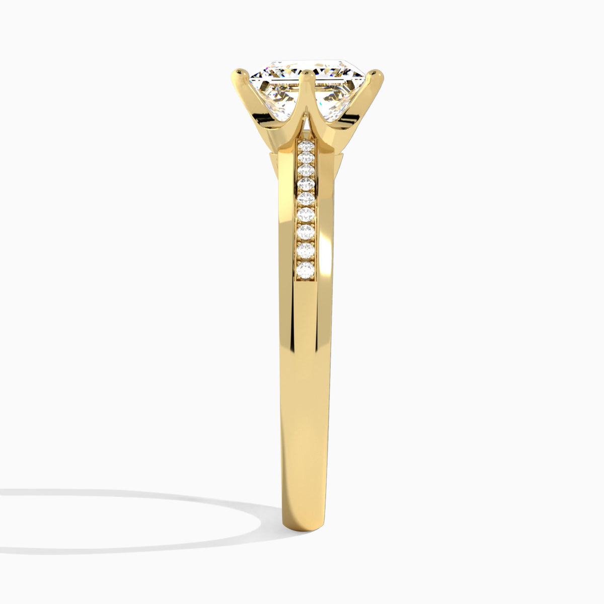 Princess Adorned Four-Prong Lab Diamond Engagement Ring In 18K Yellow Gold, Side View