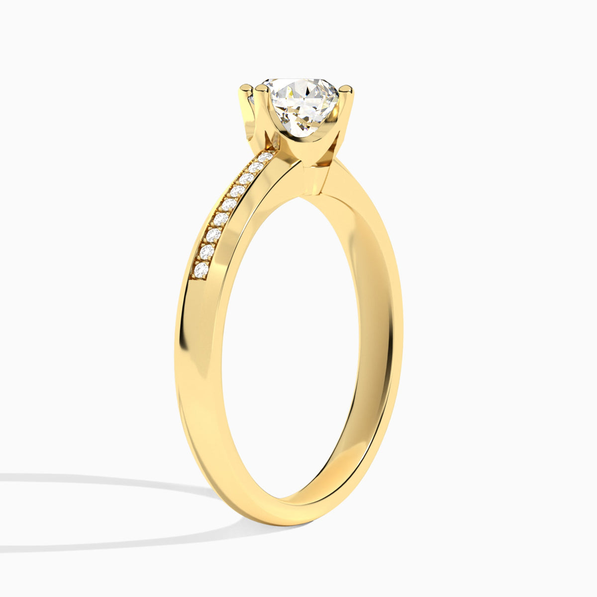 Round Adorned Four-Prong Lab Diamond Engagement Ring In 18K Yellow Gold, Angle View