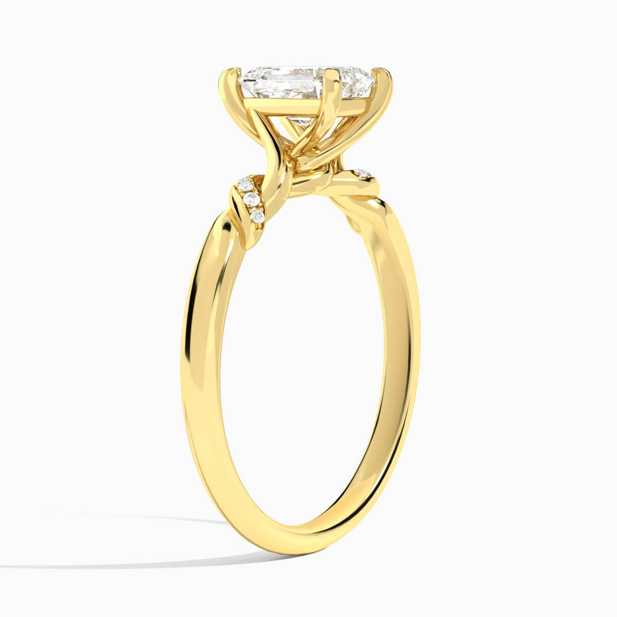 Emerald Twisted Knot Lab Grown Diamond Engagement Ring In 18K Yellow Gold, Angle View