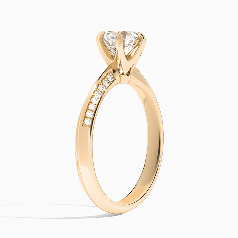 Round Adorned Knife Edge Six-Prong Lab Diamond Engagement Ring In 14K Rose Gold, Angle View