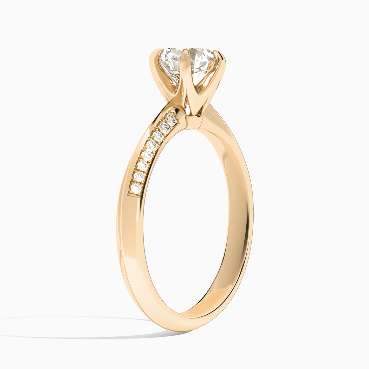 Round Adorned Knife Edge Six-Prong Lab Diamond Engagement Ring In 14K Rose Gold, Angle View