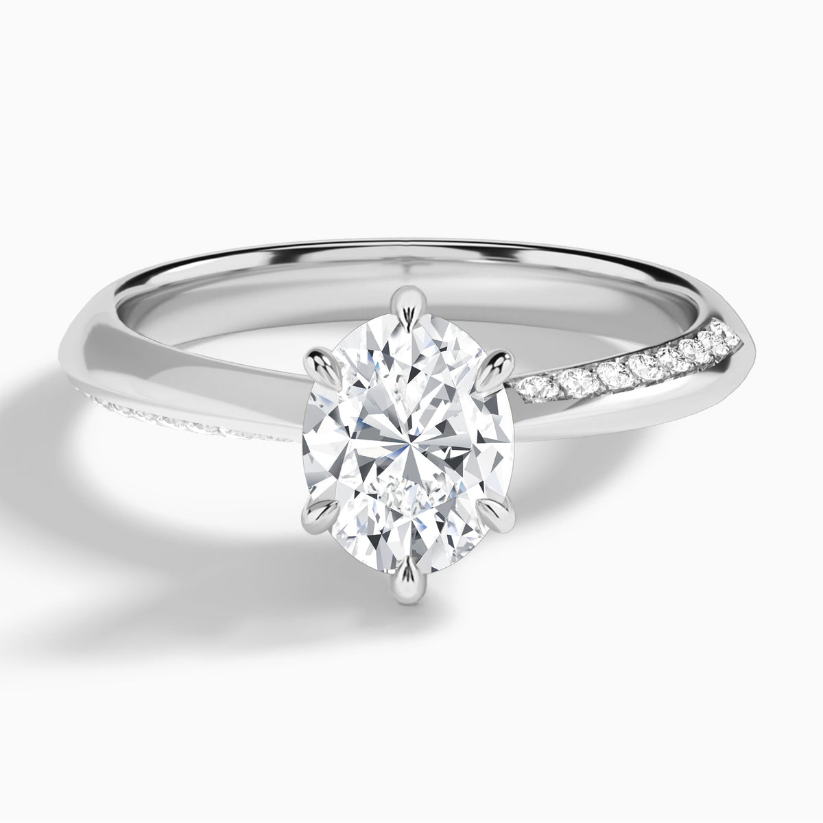 Oval Adorned Knife Edge Six-Prong Lab Diamond Engagement Ring In 18K White Gold - Lucenjuri