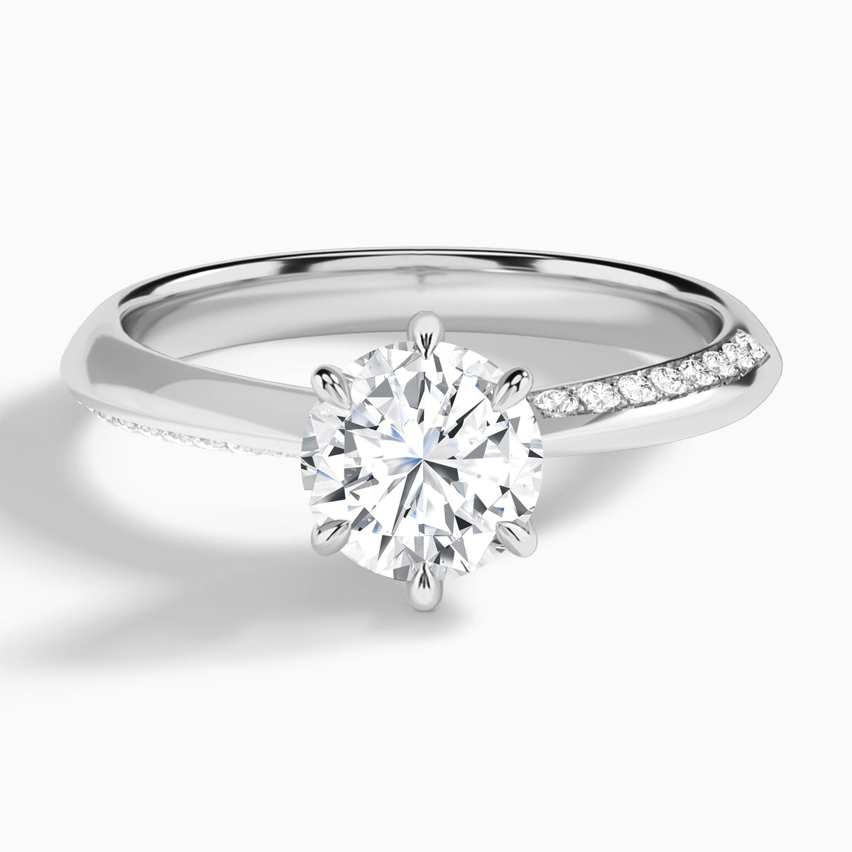Round Adorned Knife Edge Six-Prong Lab Diamond Engagement Ring In 14K White Gold - Lucenjuri