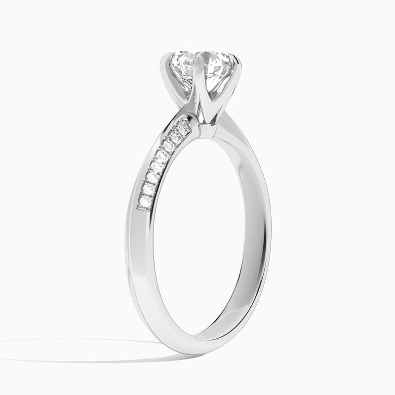 Round Adorned Knife Edge Six-Prong Lab Diamond Engagement Ring In 18K White Gold, Angle View