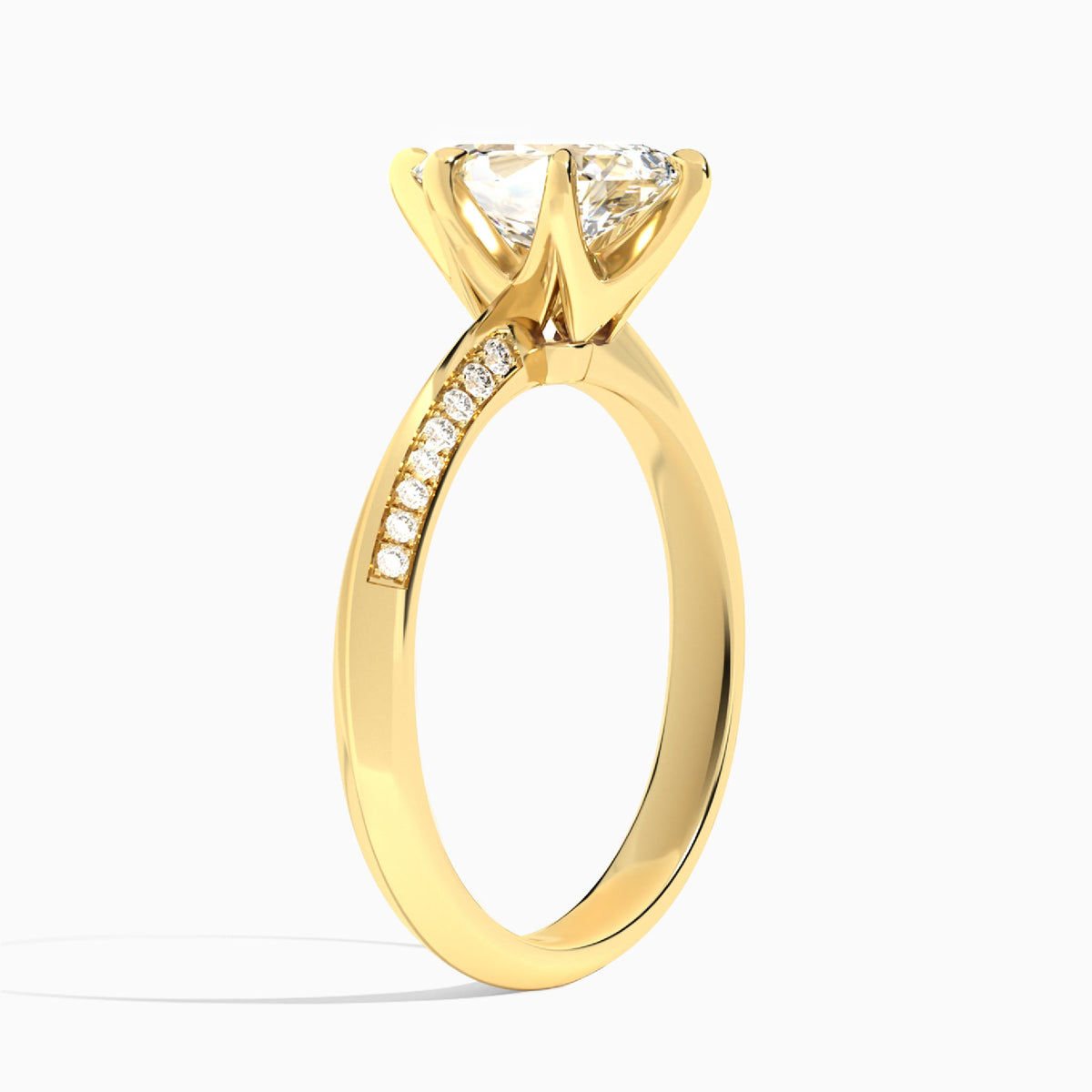 Pear Adorned Knife Edge Six-Prong Lab Diamond Engagement Ring In 18K Yellow Gold, Angle View