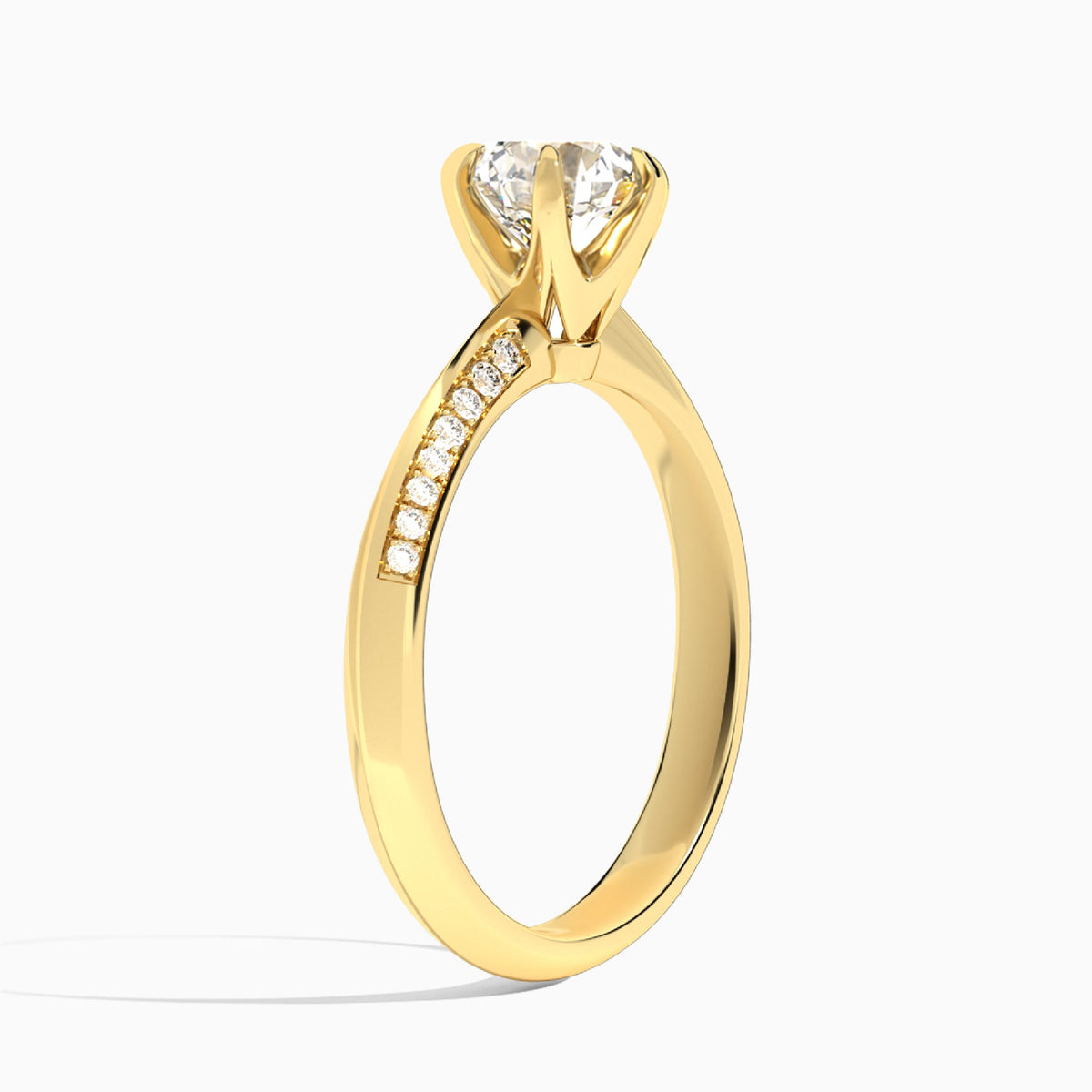 Round Adorned Knife Edge Six-Prong Lab Diamond Engagement Ring In 18K Yellow Gold, Angle View