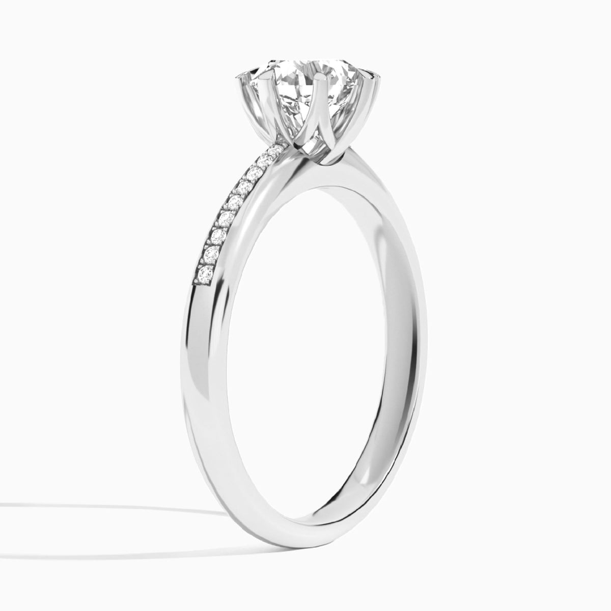 Round Adorned Eight-Prong Lab Diamond Engagement Ring In 18K White Gold, Angle View