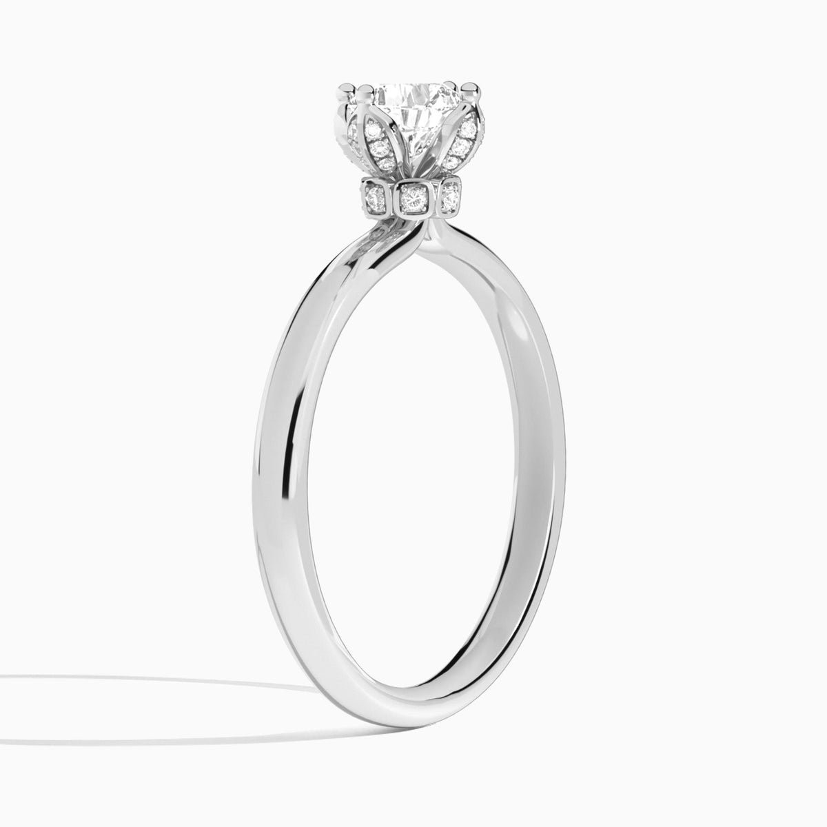 Cushion Adorned Mystique Halo Lab Diamond Engagement Ring In 14K White Gold, Angle View