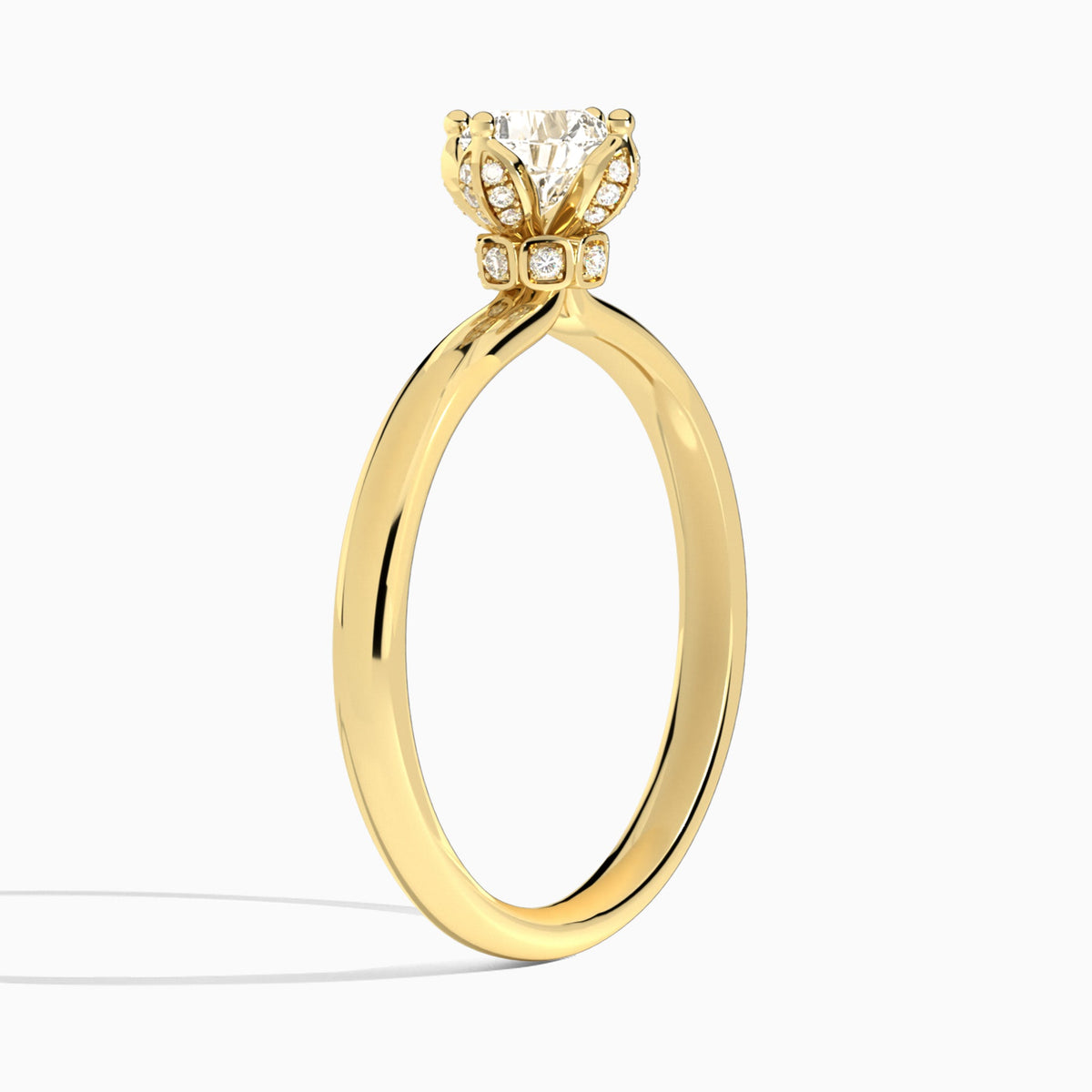 Cushion Adorned Mystique Halo Lab Diamond Engagement Ring In 18K Yellow Gold, Angle View