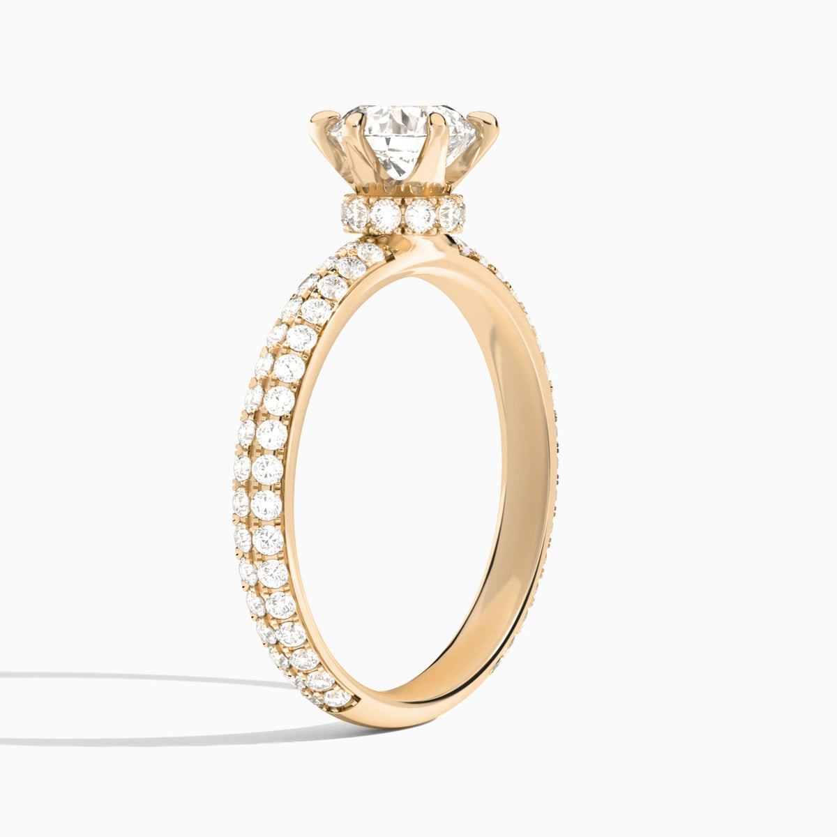 Round Hidden Halo Pavé Lab Diamond Engagement Ring In 14K Rose Gold, Angle View