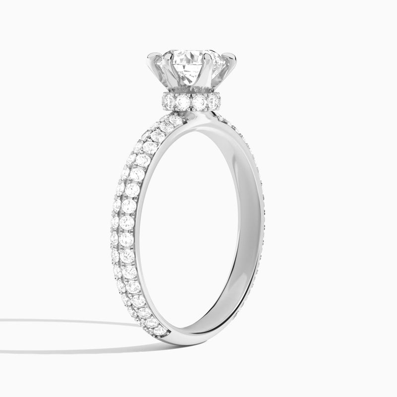 Round Hidden Halo Pavé Lab Diamond Engagement Ring In 18K White Gold, Angle View