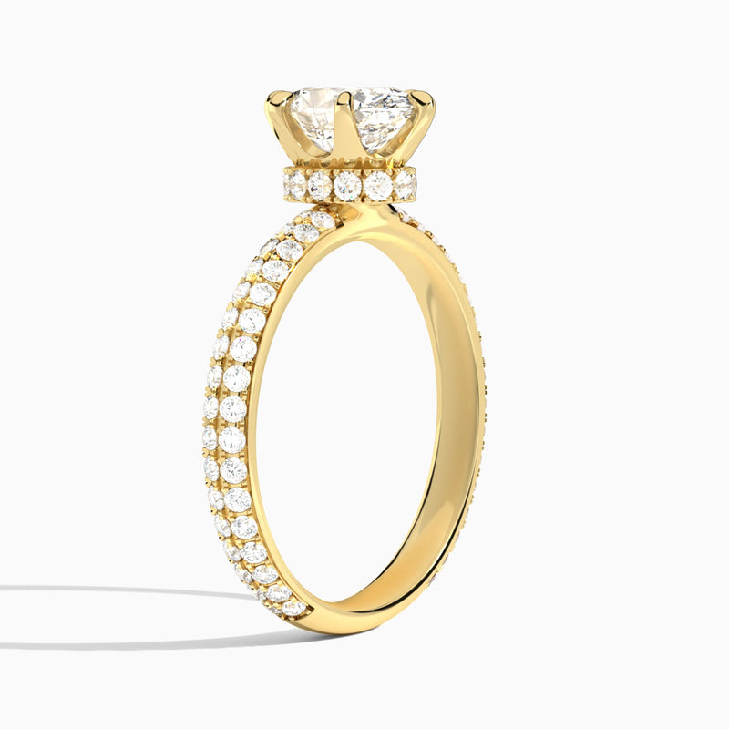 Oval Hidden Halo Pavé Lab Diamond Engagement Ring In 18K Yellow Gold, Angle View