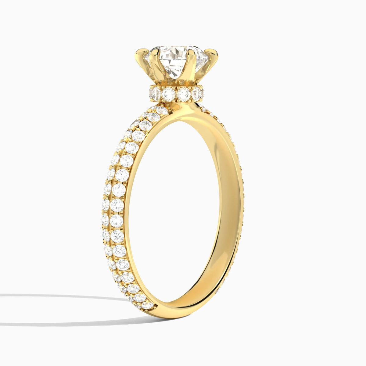 Round Hidden Halo Pavé Lab Diamond Engagement Ring In 14K Yellow Gold, Angle View