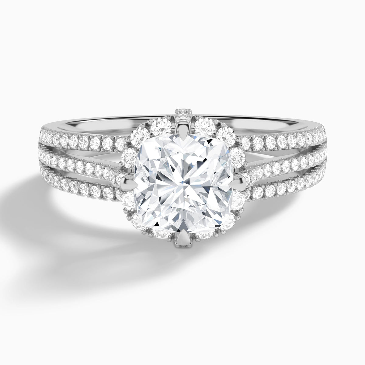 Cushion Split Shank Halo Lab Grown Diamond Engagement Ring In Platinum - Lucenjuri
