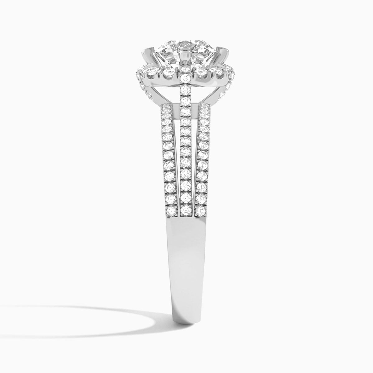 Cushion Split Shank Halo Lab Grown Diamond Engagement Ring In Platinum, Side View