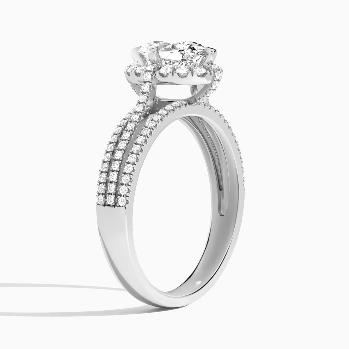 Oval Split Shank Halo Lab Grown Diamond Engagement Ring In Platinum, Angle View