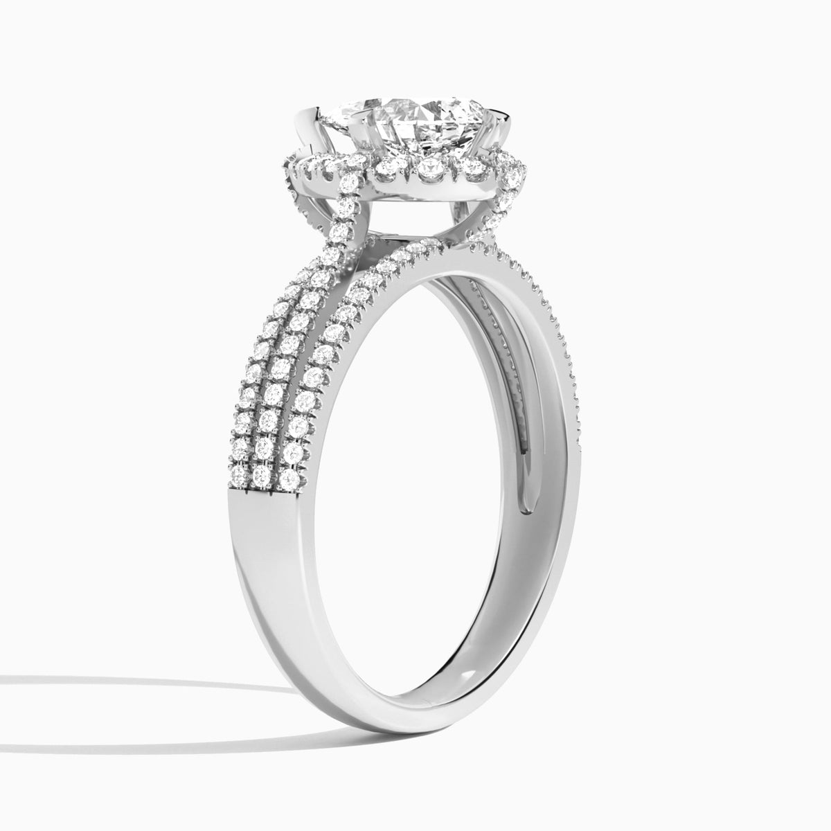 Pear Split Shank Halo Lab Grown Diamond Engagement Ring In Platinum, Angle View