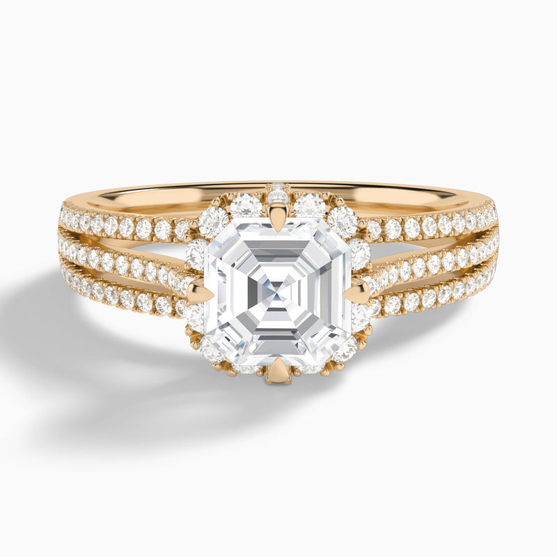 Asscher Split Shank Halo Lab Grown Diamond Engagement Ring In 14K Rose Gold - Lucenjuri
