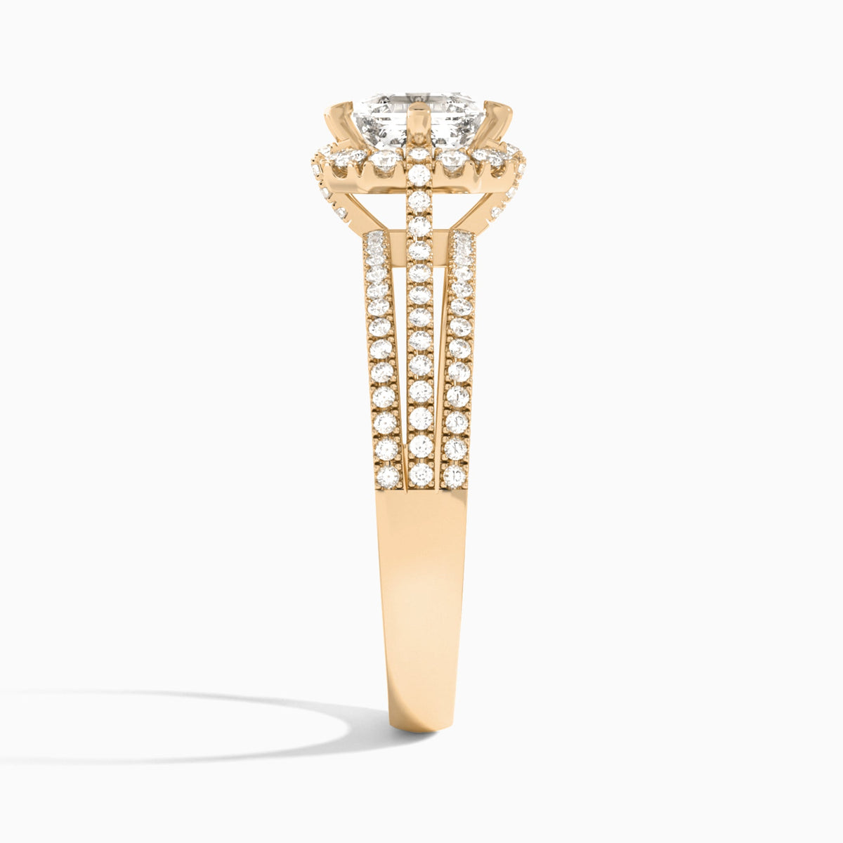 Asscher Split Shank Halo Lab Grown Diamond Engagement Ring In 14K Rose Gold, Side View