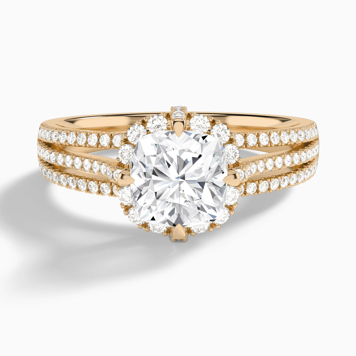 Cushion Split Shank Halo Lab Grown Diamond Engagement Ring In 14K Rose Gold - Lucenjuri