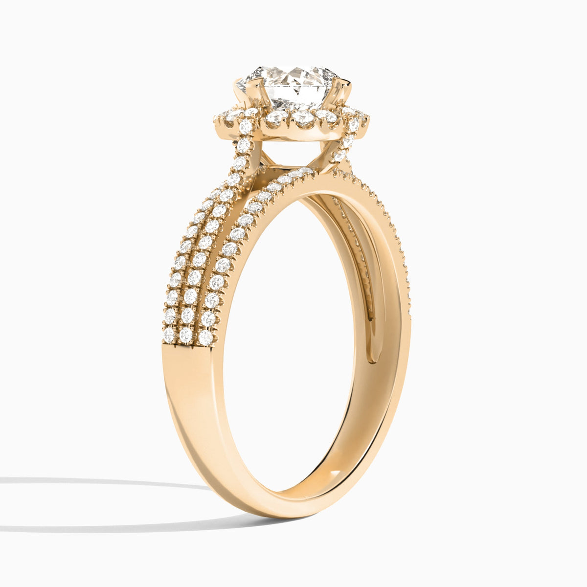 Cushion Split Shank Halo Lab Grown Diamond Engagement Ring In 14K Rose Gold, Angle View