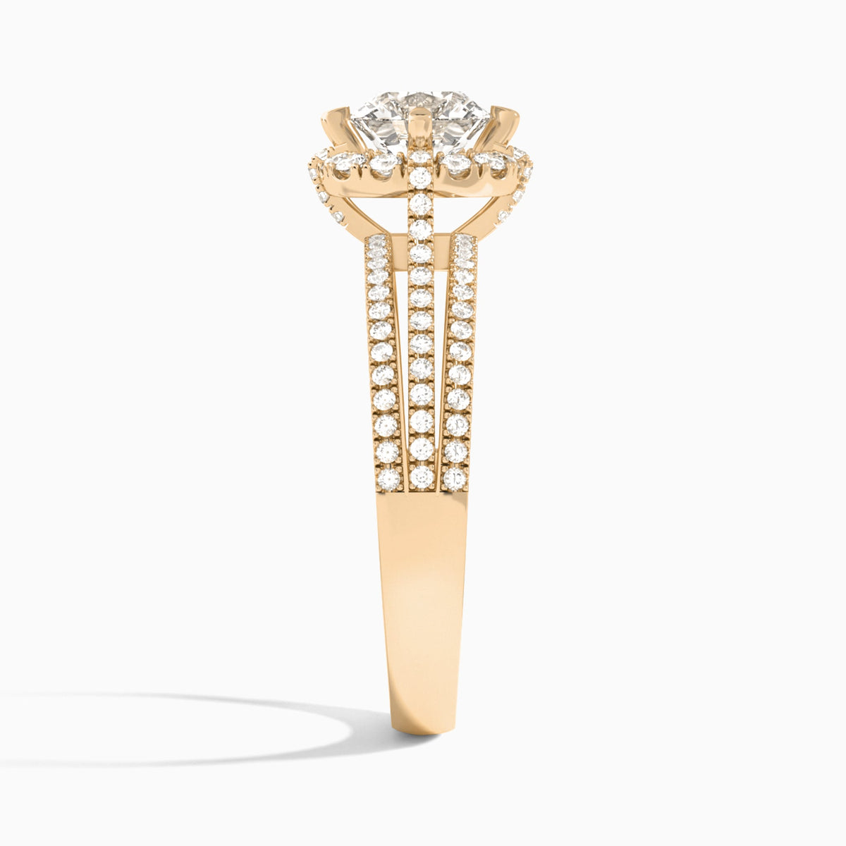 Cushion Split Shank Halo Lab Grown Diamond Engagement Ring In 14K Rose Gold, Side View