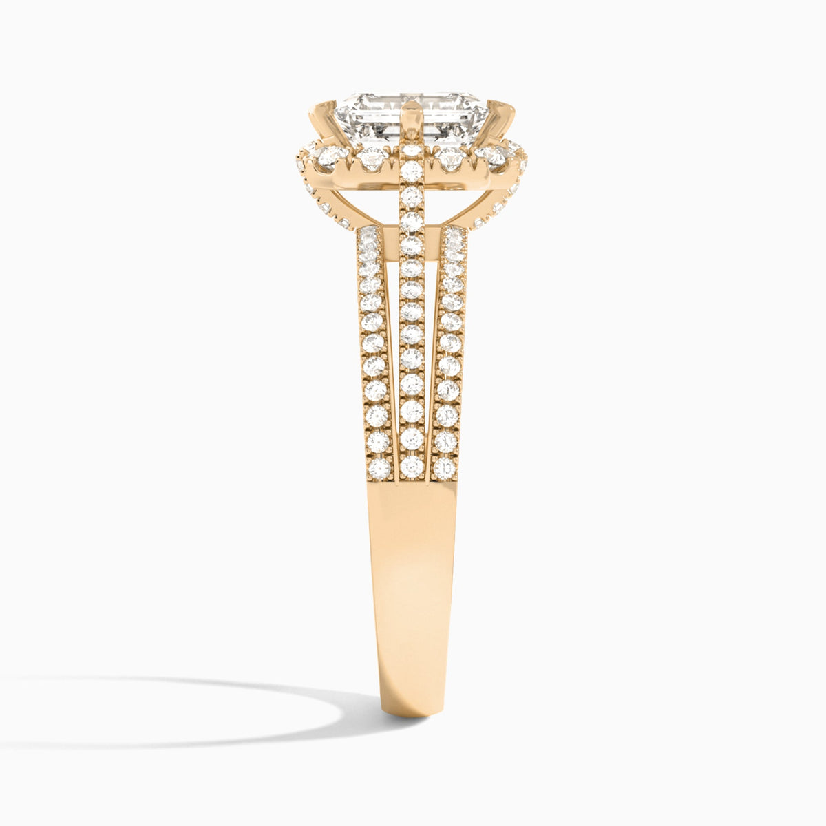 Emerald Split Shank Halo Lab Grown Diamond Engagement Ring In 14K Rose Gold, Side View