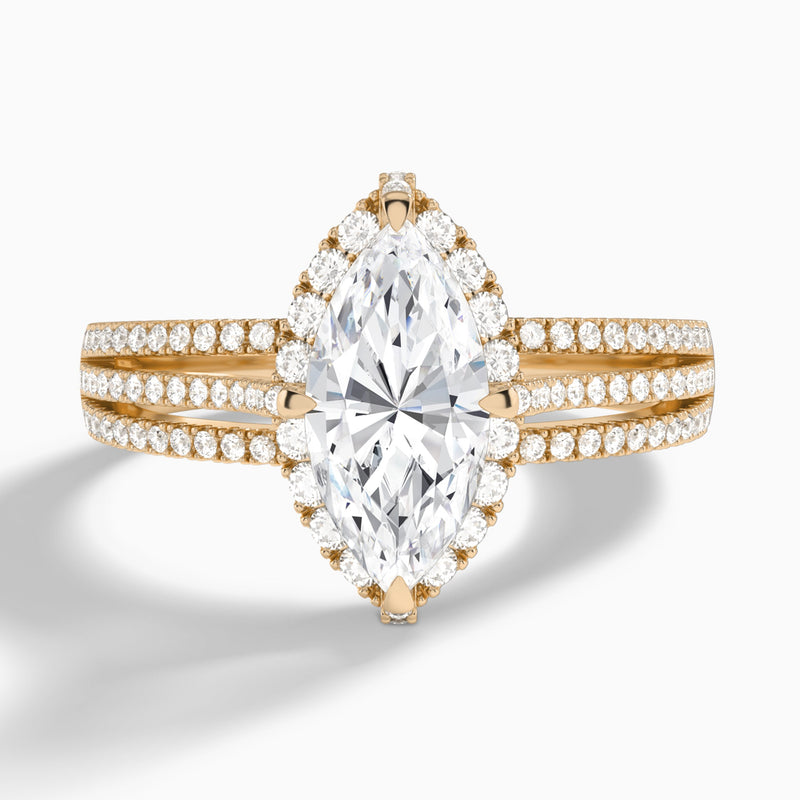 Marquise Split Shank Halo Lab Grown Diamond Engagement Ring In 14K Rose Gold - Lucenjuri