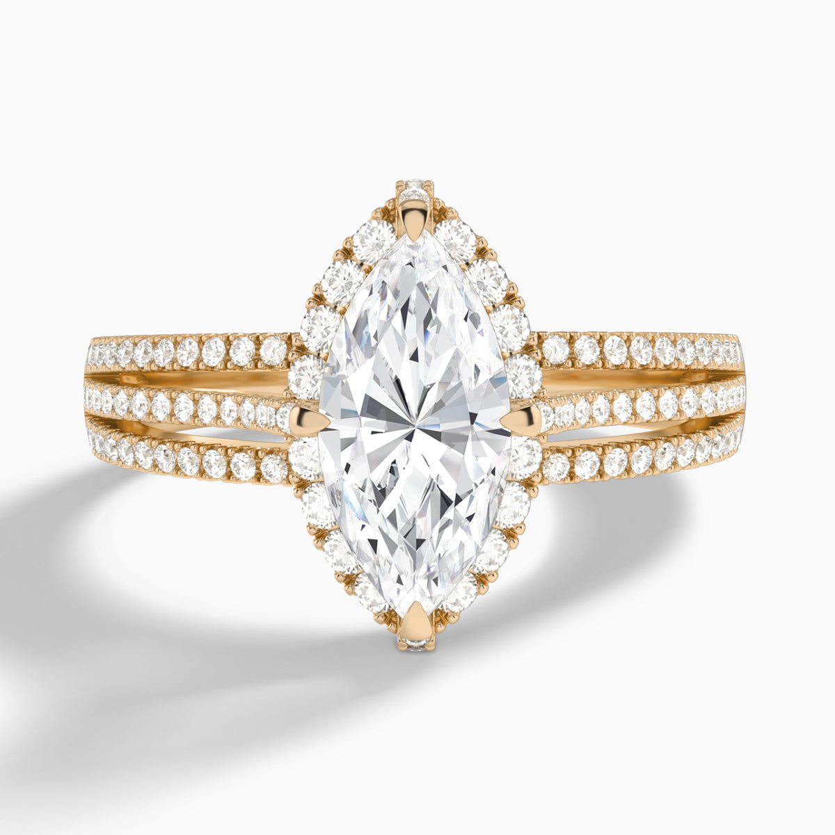 Marquise Split Shank Halo Lab Grown Diamond Engagement Ring In 14K Rose Gold - Lucenjuri