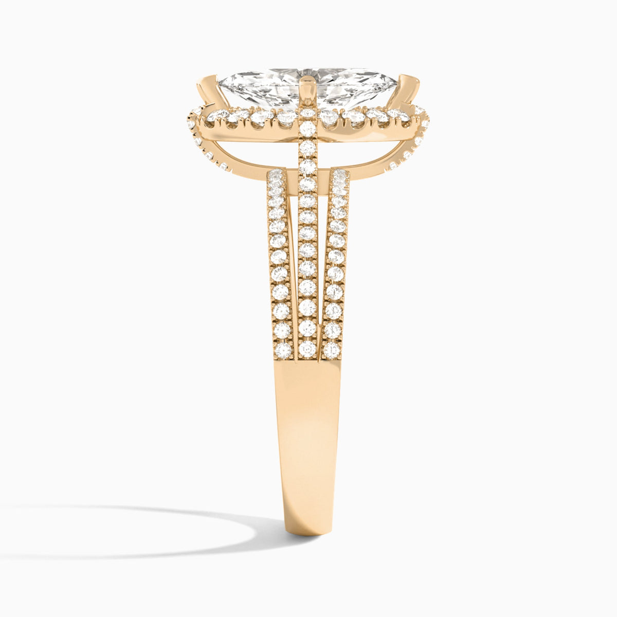 Marquise Split Shank Halo Lab Grown Diamond Engagement Ring In 14K Rose Gold, Side View