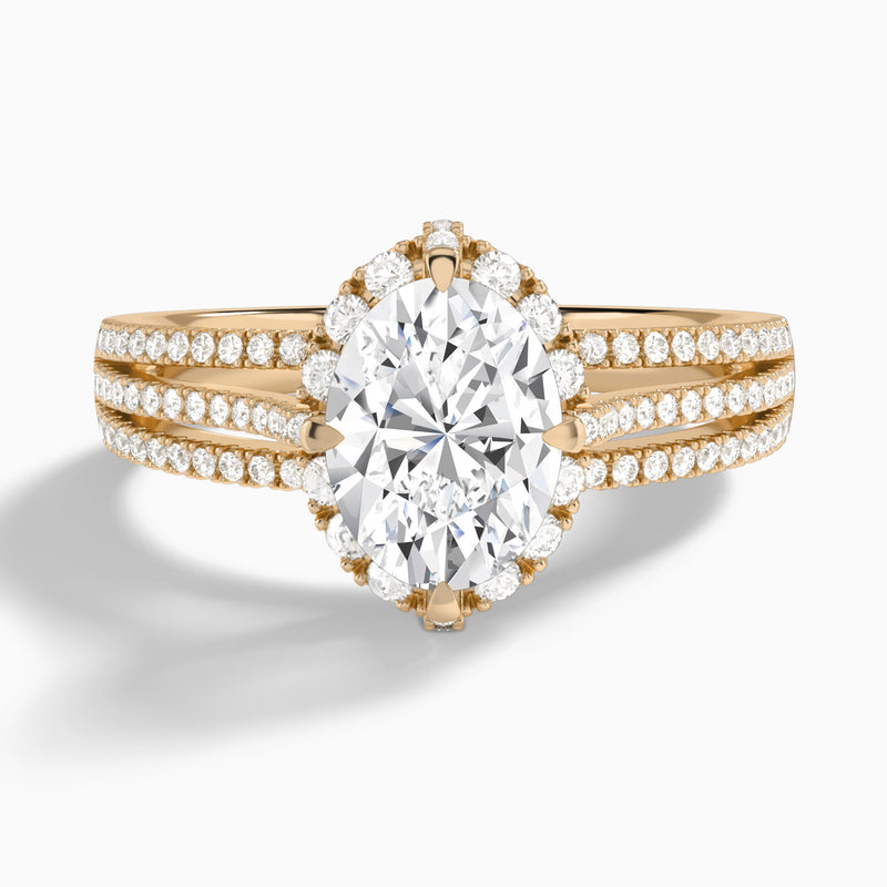 Oval Split Shank Halo Lab Grown Diamond Engagement Ring In 14K Rose Gold - Lucenjuri
