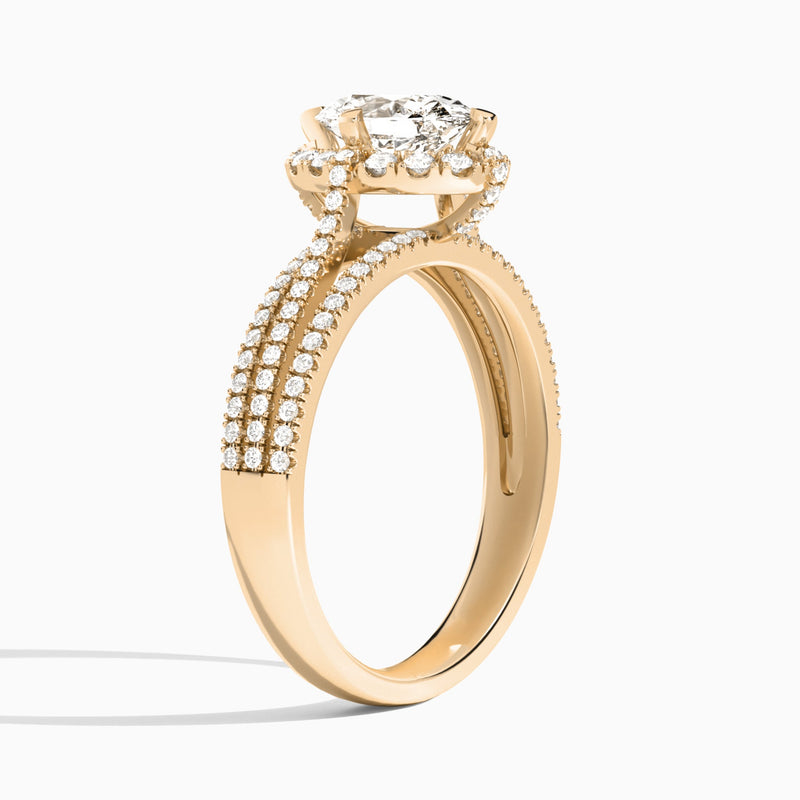 Oval Split Shank Halo Lab Grown Diamond Engagement Ring In 14K Rose Gold, Angle View