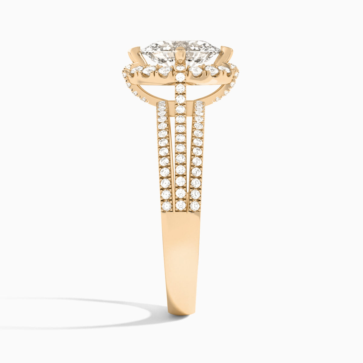 Oval Split Shank Halo Lab Grown Diamond Engagement Ring In 14K Rose Gold, Side View
