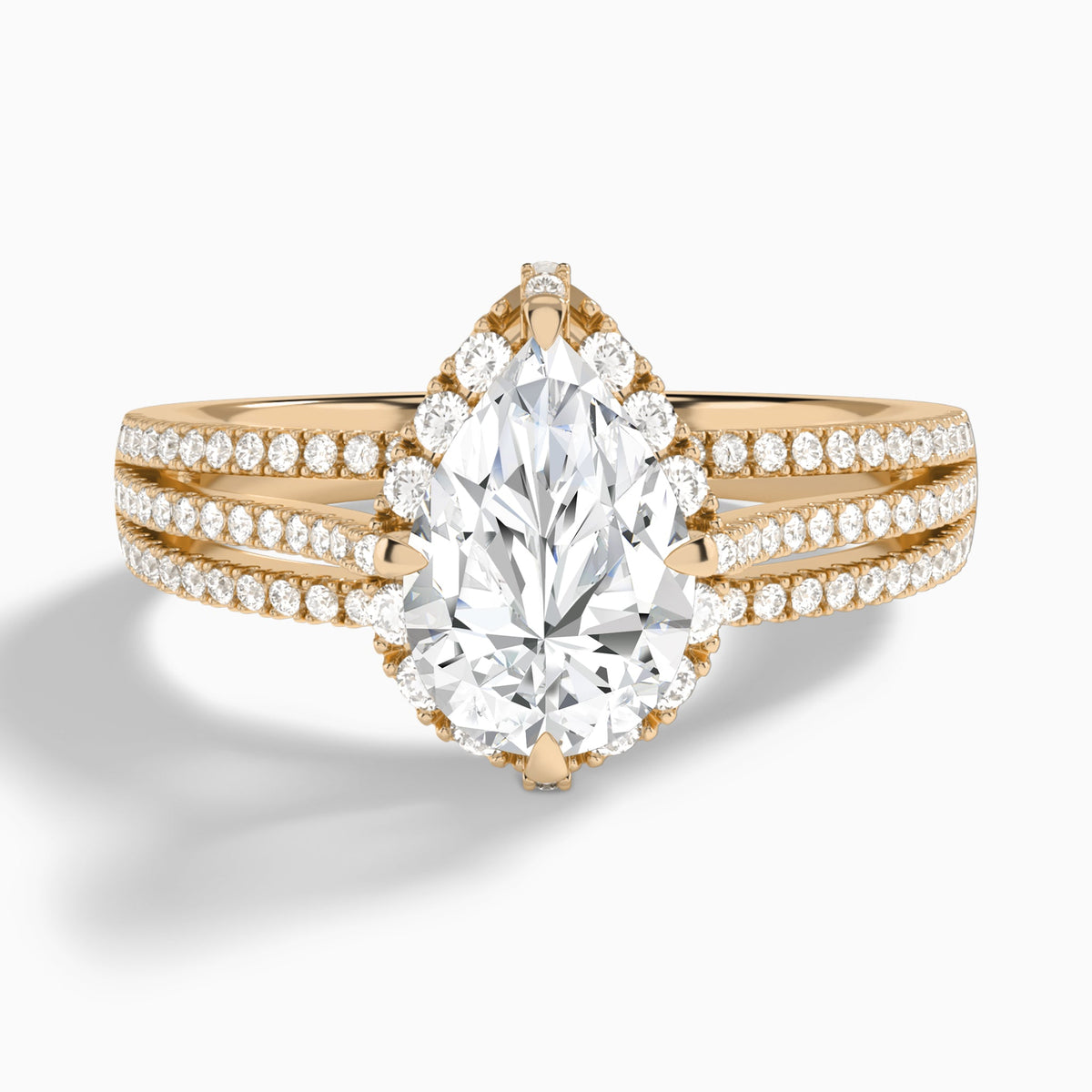 Pear Split Shank Halo Lab Grown Diamond Engagement Ring In 14K Rose Gold - Lucenjuri