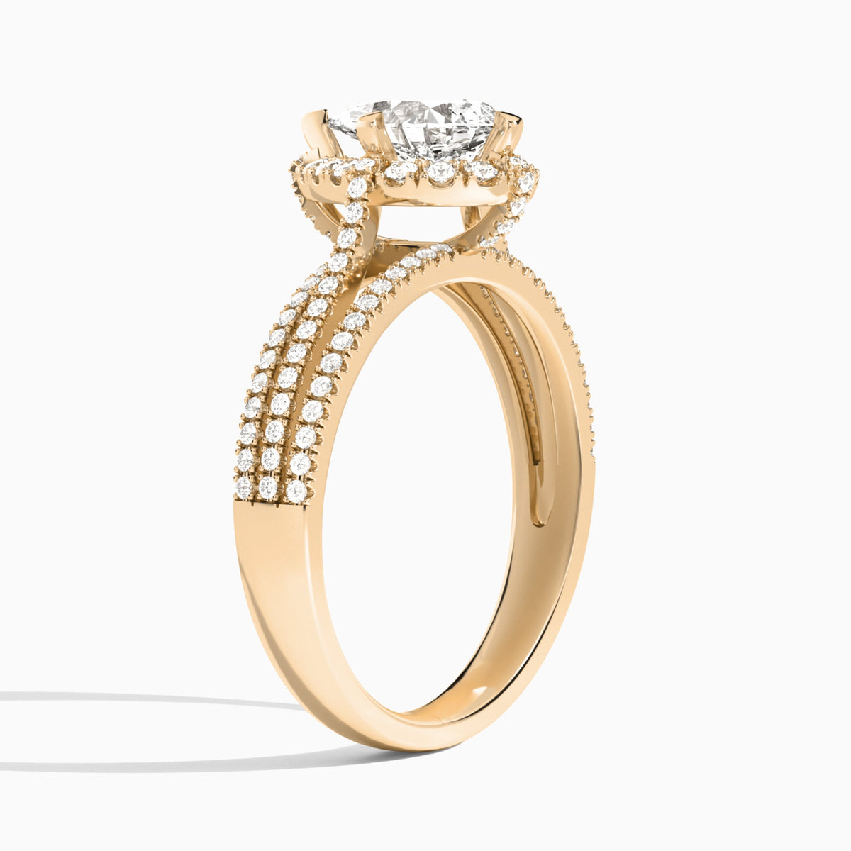 Pear Split Shank Halo Lab Grown Diamond Engagement Ring In 14K Rose Gold, Angle View