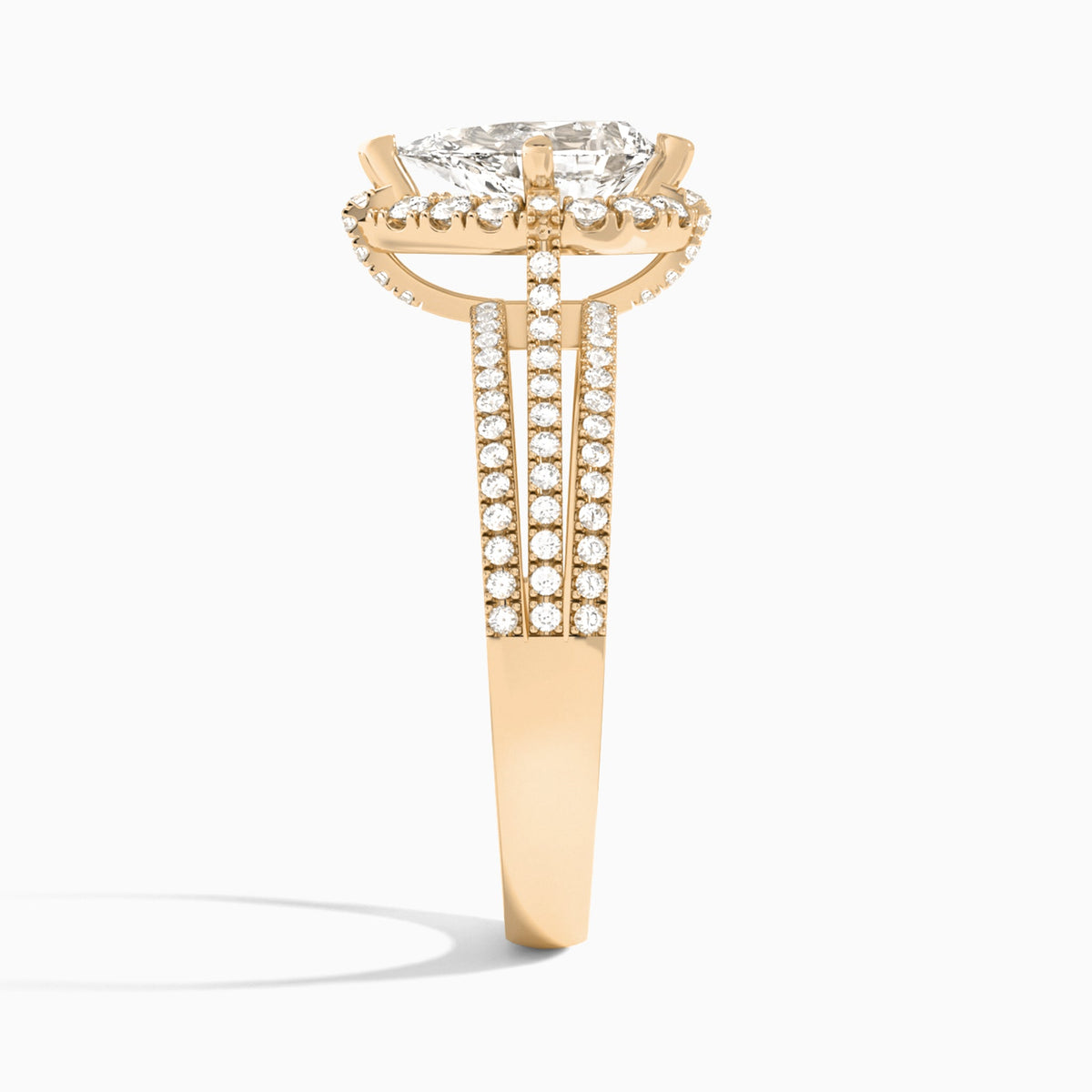 Pear Split Shank Halo Lab Grown Diamond Engagement Ring In 14K Rose Gold, Side View