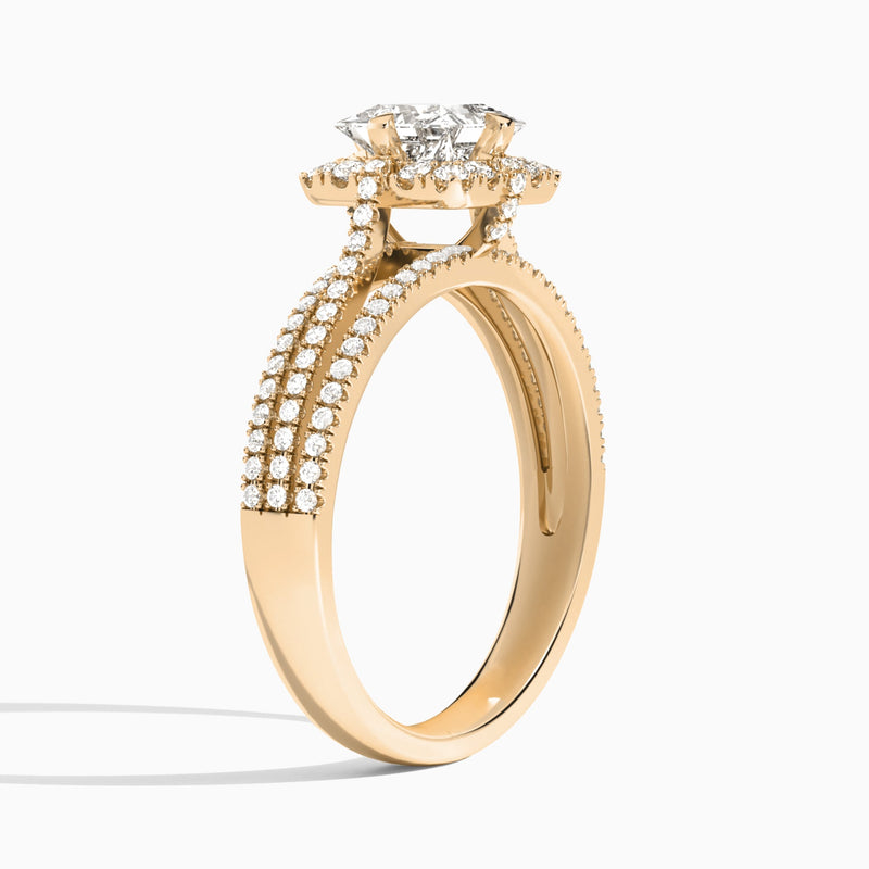 Princess Split Shank Halo Lab Grown Diamond Engagement Ring In 14K Rose Gold, Angle View