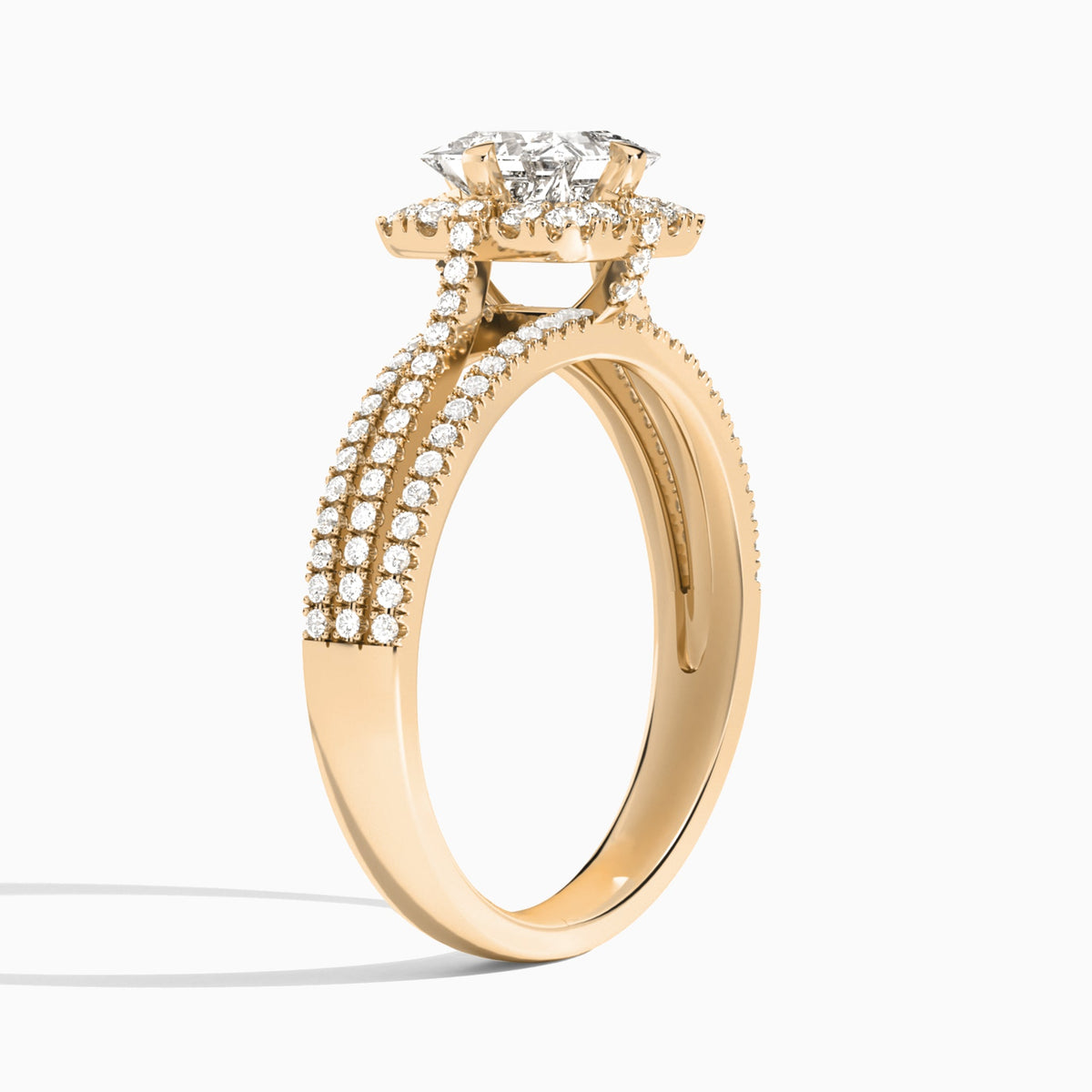 Princess Split Shank Halo Lab Grown Diamond Engagement Ring In 14K Rose Gold, Angle View