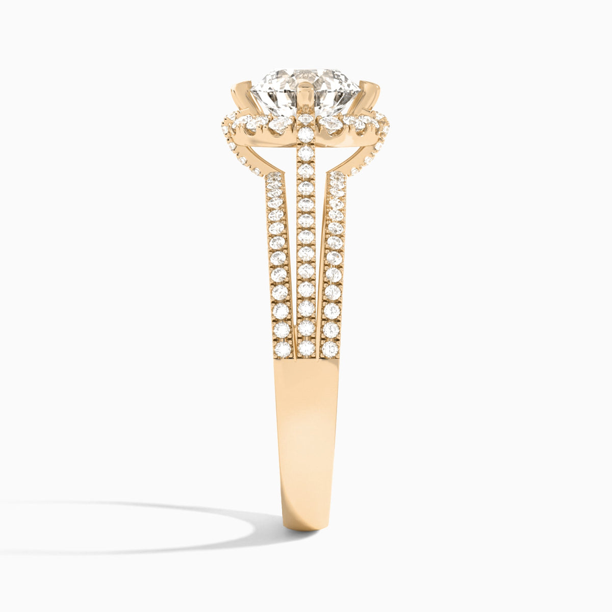 Round Split Shank Halo Lab Grown Diamond Engagement Ring In 14K Rose Gold, Side View