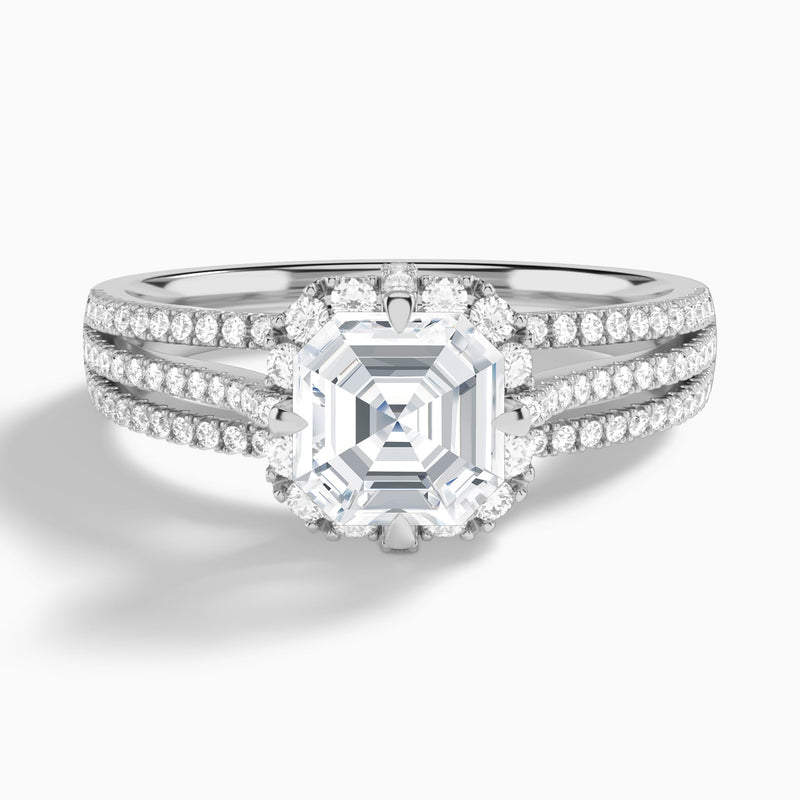 Asscher Split Shank Halo Lab Grown Diamond Engagement Ring In 18K White Gold - Lucenjuri