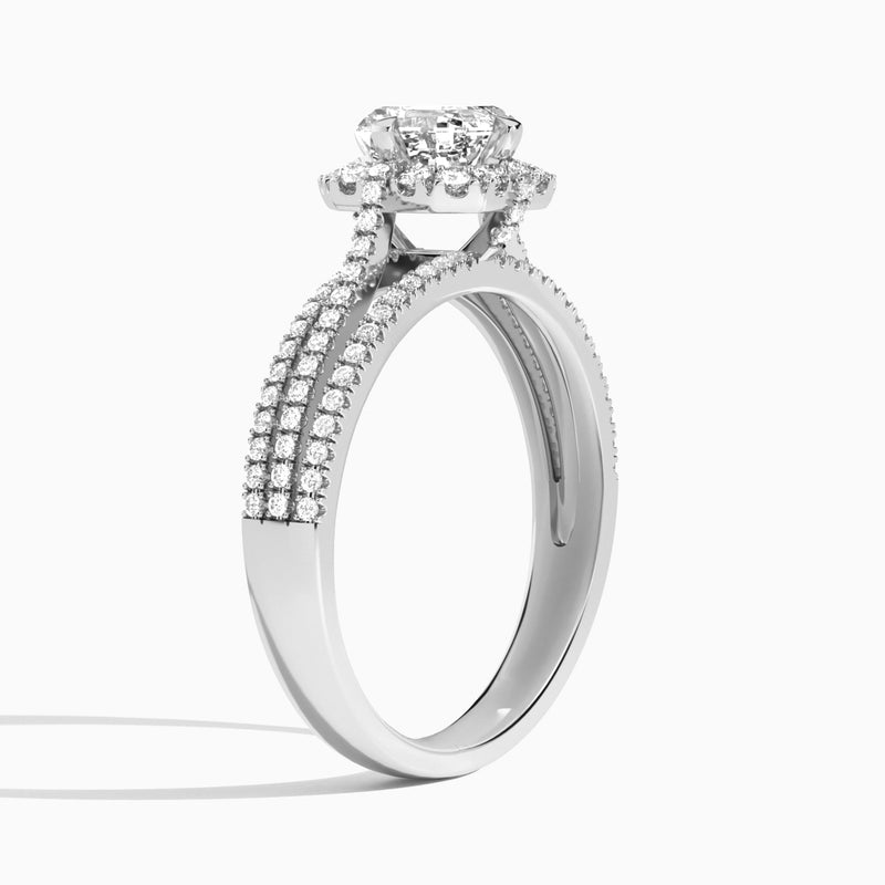 Asscher Split Shank Halo Lab Grown Diamond Engagement Ring In 18K White Gold, Angle View